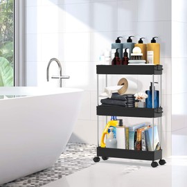 SPACEKEEPER Slim Storage Cart 3 Tier Mobile Shelving Unit Organizer Slide Out Storage Rolling Utility Cart Tower Rack for Kitchen Bathroom Laundry Narrow Places, Plastic & Stainless Steel, Black