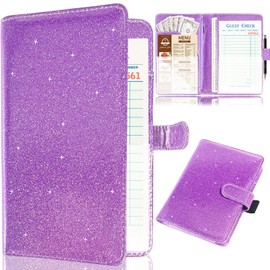 Server Book for Waitress,Leather Waiter Book Organizer with Zipper Pocket, Bling Waitress Money Wallet and Pen Holder, Restaurant Waitstaff Organizer, Glitter Purple