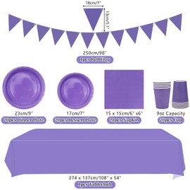 LSJDEER Purple Party Tableware Supplies - Serves 20, Purple Pastel Party Decoration Dinnerware Includes Plates, Cups, Napkins, Banner, Tablecloth for Wedding Birthday Party Baby Shower (Purple, 20)