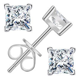 Dunnett Taylor White Gold Plated Sterling Silver 0.5ct Moissanite Stud Earrings D VVS1 Square Princess Cut 1.0CTTW per pair