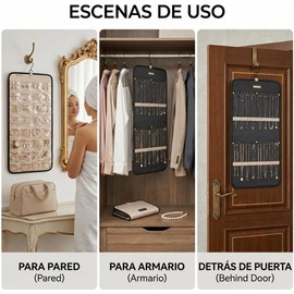 Organizador de Joyas Colgante de Doble Cara, Exhibidor de Collares y Aretes con 32 Bolsillos Transparentes y 28 Ganchos para Collar, Alhajero de Pared o Armario, 36x64cm