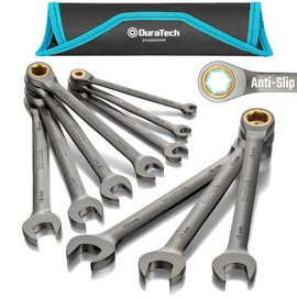 DURATECH Anti-Slip Ratcheting Wrench Set, Combination Wrench Set, 10-Piece, Metric 6-18mm, 72-Tooth, Nickel Plating, CR-V Steel, with Pouch