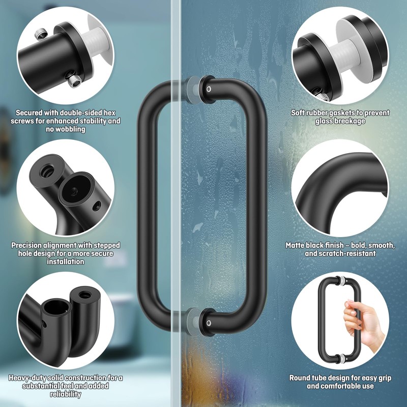 Ranbo Matte Black 8" （CTC） Tubular Back-to-Back Shower Door Handle,Heavy-Duty