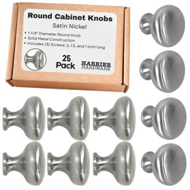 Harrier Hardware 25-Pack 1.1-Inch Round Cabinet Knobs, Brushed Satin Nickel, 3 Screw Sizes