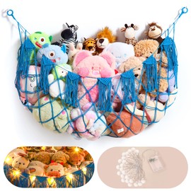 Stuffed Animal Storage Hammock Net with Lights - Small Toy Hammock Net for Stuffed Animals Room Decor,Cute Stuff Animal Organizer Holder for Teddy Bear,Nursery Kids Baby Wall Hanging Bedroom Playroom