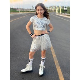 LOLANTA Girls Dance Set 4 Piece Dance Outfits Children's Day 80s 90s Theme Party Dress Sequin Skirt Set (Silver, 10-11 Years)