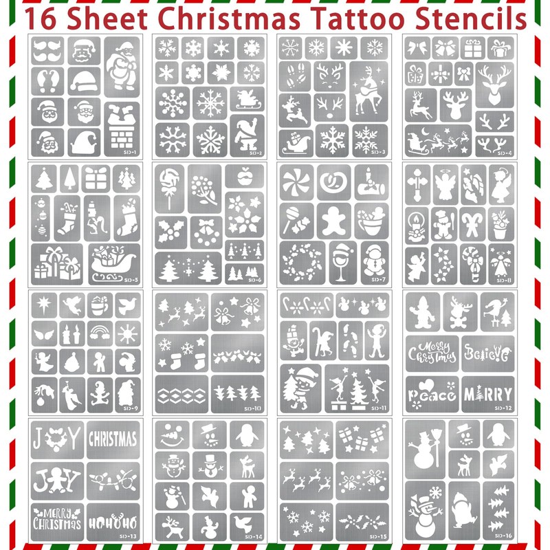 158Pcs Christmas Temporary Tattoo Stencils and 8 Body Markers for
