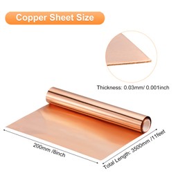 uxcell Copper Flashing Sheet Roll 3500mm x 200mm x 0.03mm, 99.9% Pure Copper Strip 8" x 11.5ft 28 Gauge Metal Foil Plate for Electricity DIY Projects