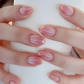 24PCS Reusable Fake Nails - Pressed Nails, Popular Sparkling Pink Short, Sticky Nails - Fake Nails for Women and Girls (French Pink Gradient)