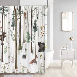 Rustic Forest Shower Curtain for Bathroom, Rustic Lodge Forest Cabin Shower Curtain Country Hunting Bathroom Curtain, Wild Animal Bear Moose Deer Fox in Forest Shower Curtain 36X70IN with 12PCS Hook