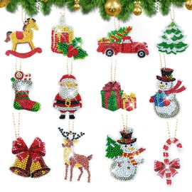 VICDUEKG Pack of 12 Diamond Painting Christmas, 5D DIY Diamond Painting Key Chain, Diamond Painting Pendant Set for Christmas Decoration, Christmas Tree, Window, Hanging Winter Decor