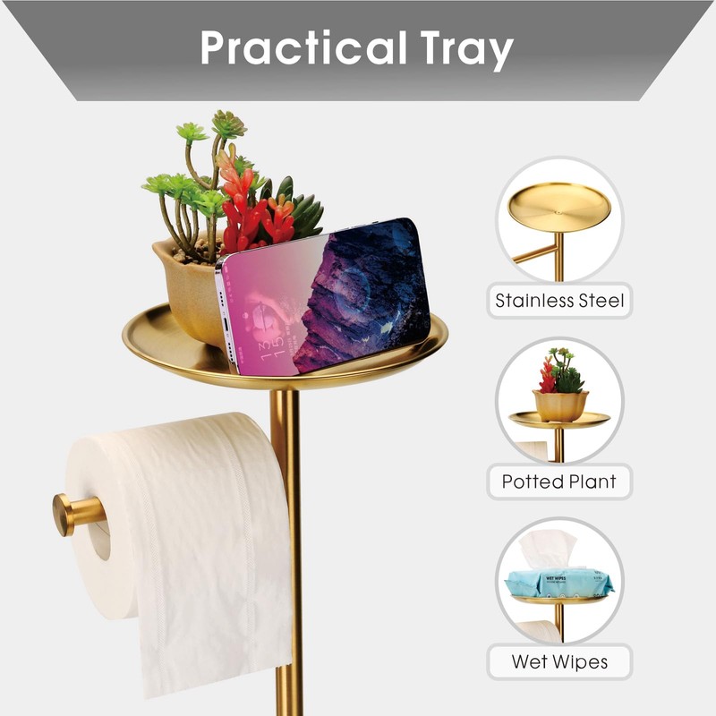 Standing Toilet Paper Holder Gold, TP Holder with 6.7" Phone