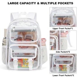 Clear School Backpack for Girls Boys, Heavy Duty PVC See Through Transparent Bookbag for Kids Women Men (White)