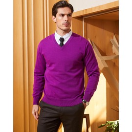 KALLSPIN Men's V Neck Sweater Pullover 100% Cotton Regular Fit Long Sleeve Knitting Sweaters(Purple,XX-Large)