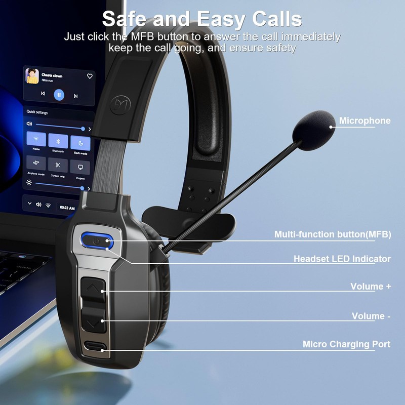 BRAMMAR Trucker Bluetooth Headset with AI Noise Cancellation Microphone, Trucker