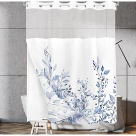 Tititex No Hooks Snap in Liner Serenity Lake Blue Eucalyptus Leaves Shower Curtain Sets, Hotel Luxury Double Layers Waterproof Fabric & See-Through Top Window Bathroom Decorative 72x72 Inch