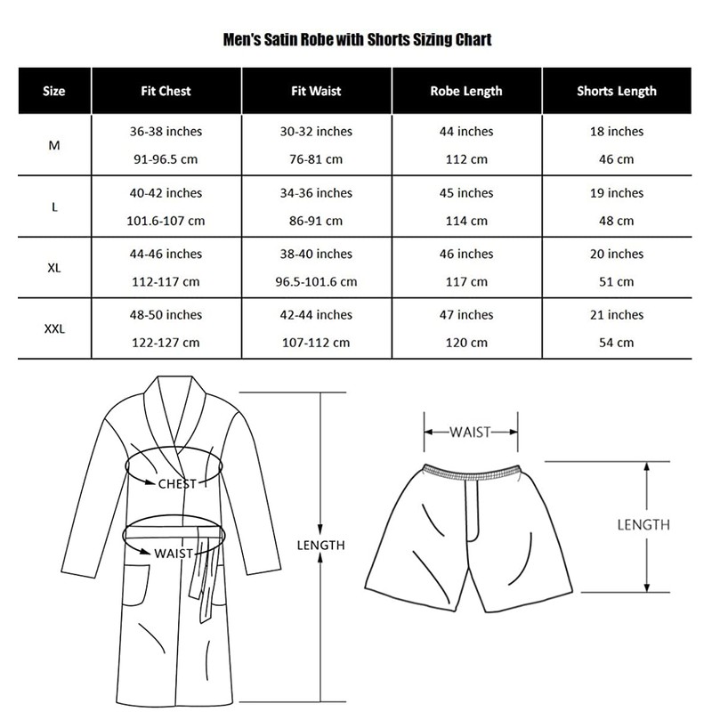 Men's Satin Bathrobe, Lightweight Silk Long Sleeve Bathrobe with Shorts