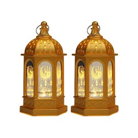 Anlising 2 Pieces Ramadan Lantern Decoration, LED Eid Mubarak Lamp, Ramadan Candle Lantern, Hanging Ramadan Lamp, Ramadan Lantern Decor, for Home Tabletop Decor Creative Party Supplies (Gold)