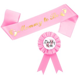 Mom to Be Sash with Gold Glitter Letters and Expecting Dad Badge Comes with Ribbon ,Baby Shower Decorations for Girl Gender Reveal Party Gift(Pink)