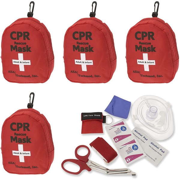 ASA TECHMED 4 Pack Emergency CPR Rescue Mask, Pocket Resuscitator with One Way Valve, EMT Trauma Scissors, Tourniquet, Gloves, Antiseptic Wipes