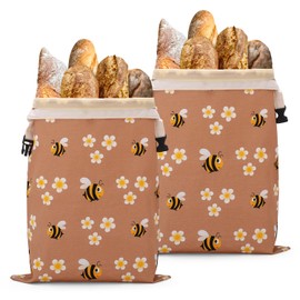 2 Packs Reusable Cotton Beeswax Bread Bags with Bee and Flower Patterns,Large Storage Containers to Keep Homemade Sourdough Fresh