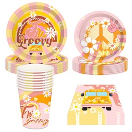 44PCS Two Groovy Party Supplies - LIYDE Rainbow Hippie Party Decorations Disposable Plates Cups Napkins Retro Daisy Theme Birthday Party Supplies