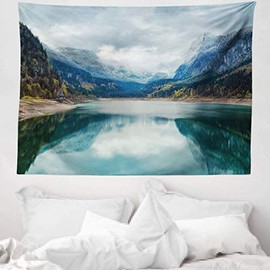 ABAKUHAUS Landscape Tapestry, Alpine Lake with Dramatic Sky Forest and Mountains Travel Art, Soft Microfibre Fabric Wall Decoration for Bedroom, 150 x 110 cm, Blue Green Grey