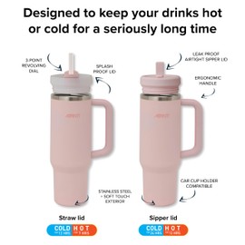 Avanti HYDROquench Stainless Steel Insulated Water Quencher, Tumbler 1 Litre with Handle & Straw - Leak Proof(Sipper lid only), BPA Free, Dual Lid, 24hr Cold Retention, Blush Pink