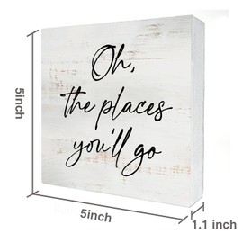 Oh the Places You'll Go Wood Box Sign Home Decor Rustic Nursery Quote Wooden Box Sign Block Plaque for Wall Tabletop Desk Home Nursery Decoration 5" x 5"