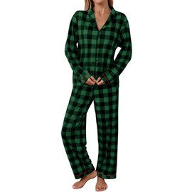Famulily Womens Checked Pyjamas Soft Loungewear Sets 2 Piece Button Up Nightwear for Women UK Leisure Sleepwear Suits Winter Pjs Set Green M