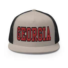 RIVEMUN NG Georgia Sports GA Embroidered Flat Bill Trucker Hat High Crown Adjustable Cap Silver/Black