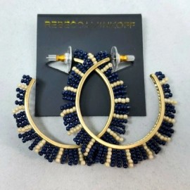 Rebecca Minkoff Beaded Fringe Hoop Ear Blue  pearl beads gold frame retail $48