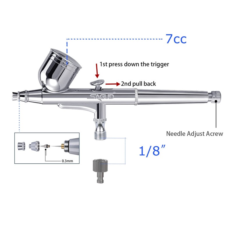 SAGUD Airbrush Kit 0.3mm Dual-Action Air Brush Gun with Extra