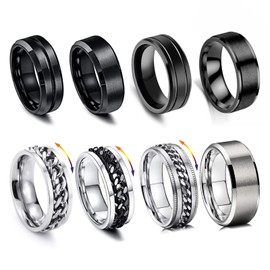 XSDSLS 8 Pieces Stainless Steel Rings Spinner Rings for Women Men Vintage Silver Black Twisted Chain Rings Set Anti Stress Rings Wedding Ring Engagement Rings for Women Men Width 54-70, Stainless