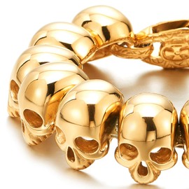 COOLSTEELANDBEYOND Mens Gold Stainless Steel Large Skull Link Bracelet Biker Gothic Style Silver Color Polished