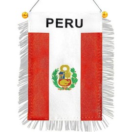 4 x 6 Inch Peru Flag Mini Banner - with White Fringe for Hanging on Car Rearview Mirror - (Peruvian)