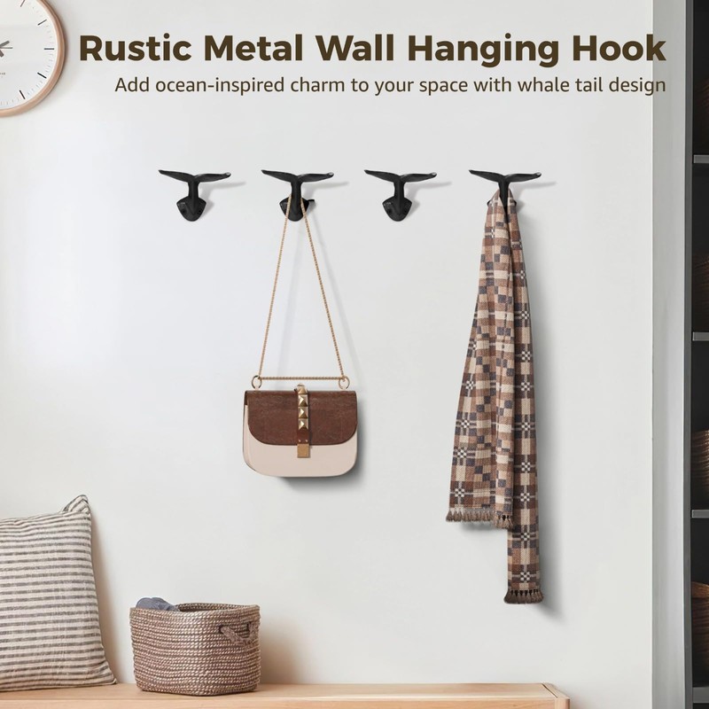 OMISTAR 4 PCS Whale Tail Wall Hooks, Rustic Metal Wall