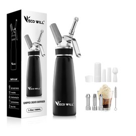 ECO-WILL Professional Whipped Cream Dispenser, Durable Aluminum Cream Whipper with 2 Sets of Stainless Steel and Plastic Tips & Cleaning Brush, 1-Pint / 500 mL,Homemade Cream Maker