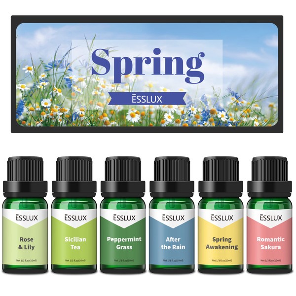 Spring Fragrance Oils, ESSLUX Premium Scented Oils for Home Diffuser, Soap Candle Making Scents, Refreshing Aromatherapy Essential Oil Gift Set, Rose & Lily, Peppermint Grass and More