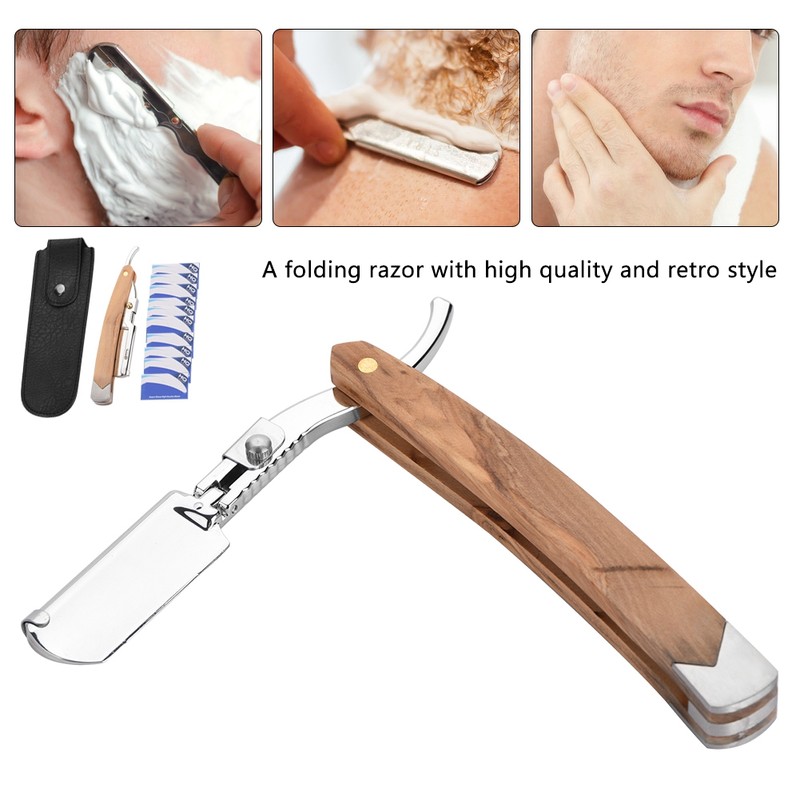 Retro Wood Handle 10pcs Blade Head Shaving Razor Folding Shaver