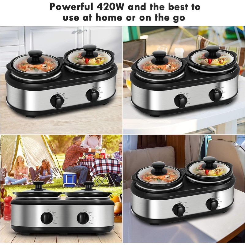 Dual Slow Cooker Buffet Server Food Warmer with 3 Adjustable