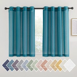 NICETOWN Small Curtains 45 inch Length for Kitchen, Grommet Linen Sheer Curtains Semi Sheer Privacy with Light Filtering for Bathroom/Basement, Peacock Green, W52 x L45, 2 Panels