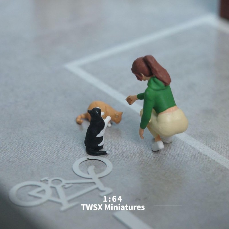 Cat Feeding Girl 3-Piece Set,1:64 Scale,Cat,Cute,Friendly - Miniature Person, Miniature