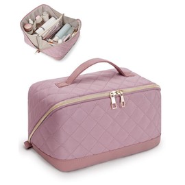 Wandering Nature Large Capacity Travel Makeup Bag | Quilted Cosmetic Organizer | Open Flat Design with Divider & Handle - Color: Grey Green