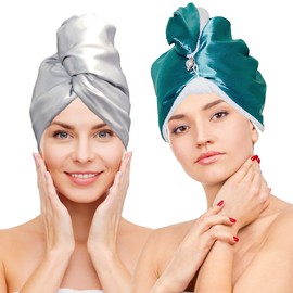 Chloven Satin Microfiber Hair Towel Wrap for Women - 2 Pack Anti Frizz Hair Turbans for Wet Hair,Super Absorbent &Lightweight Hair Wrap Towels，Hair Drying Towel for Curly Long Hair with Button