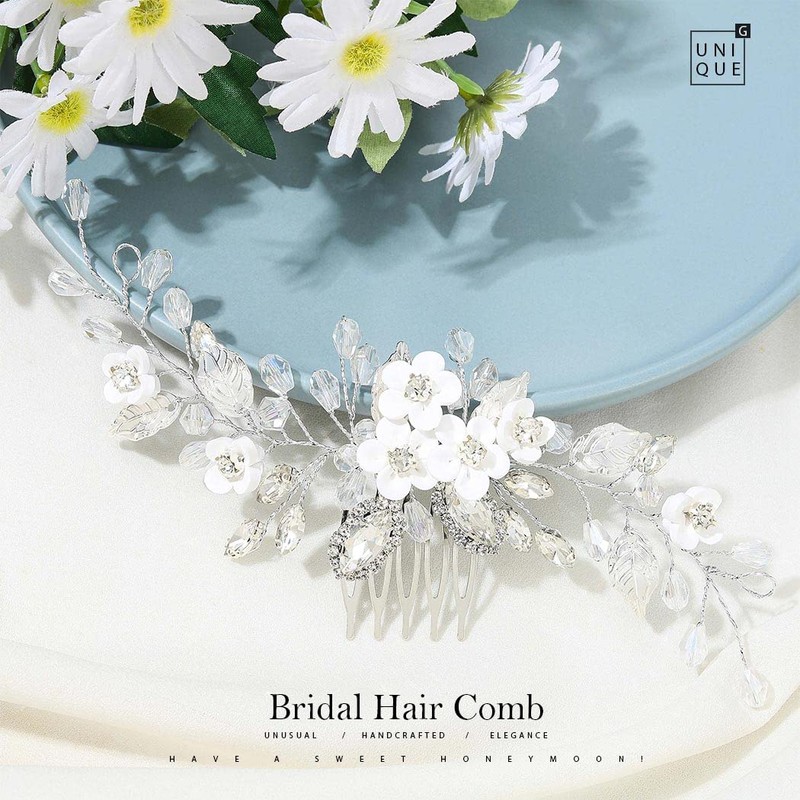 Unicra Flower Bride Wedding Hair Comb Silver Crystal Hair Accessories