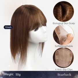starluck Hair Toppers with Bangs for Women, 5 * 5.5" Large Base, Brown Real Human Toppers for Thinning Hair and Gray Root Coverage