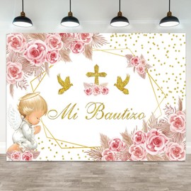 ASDCXZ 7x5ft Mi Bautizo Backdrop Boho Baptism First Holy Communion Photography Background Girl Angel Pink Floral Gold Cross Christening Decorations Newborn Baby Shower Portrait Photo Booth Prop