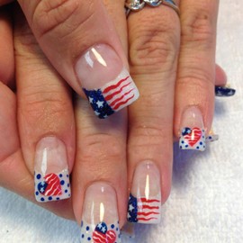 Independence Day Press on Nails American Flag French Tip Fake Nails Short Square 4th of July Glue on Nails Glossy Patriotic Acrylic False Nails for Women