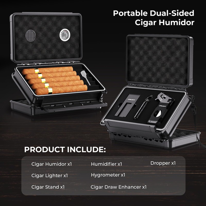 Travel Cigar Humidor Case Set, Double-sided Design, with Cigar Lighter